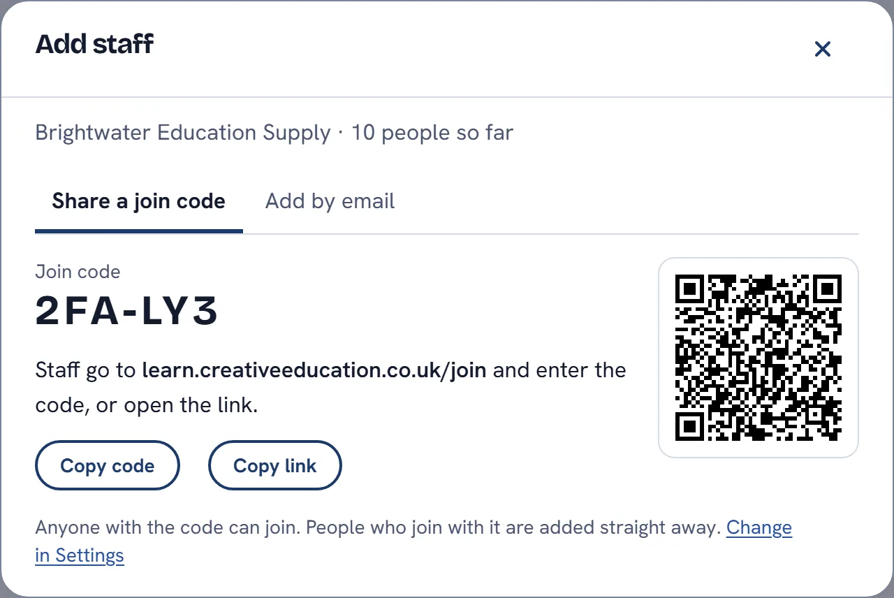 A supply agency’s join code and QR code for candidates, with buttons to copy the code or the link