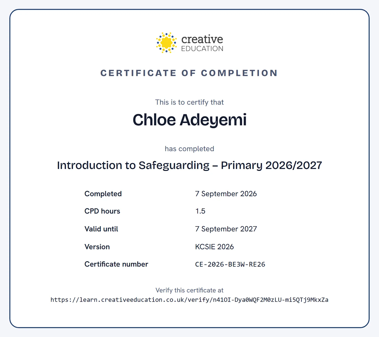 A course certificate showing the course, the date, CPD hours and a code to check it