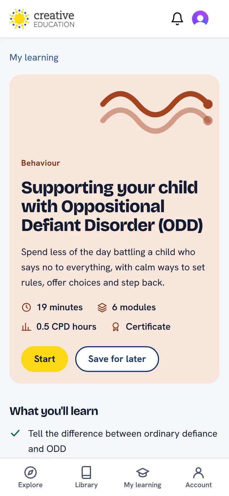 A course for parents on supporting a child with ODD on a phone: 19 minutes, six modules, with a Start button