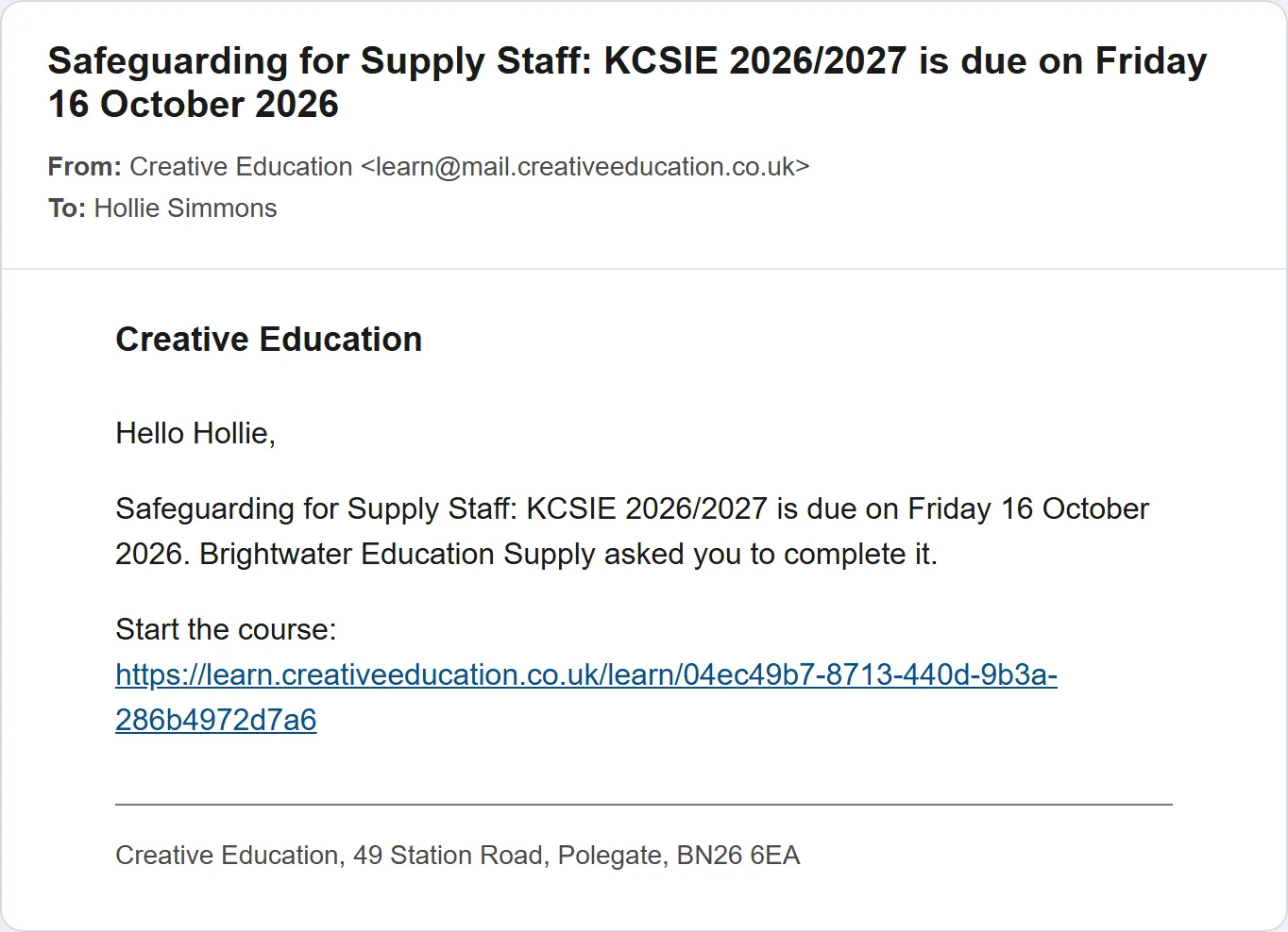 The reminder email staff get before a course is due