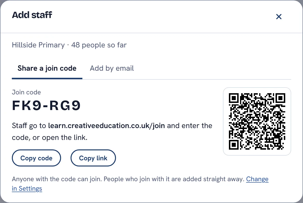 Adding staff with a join code, shown as a code and a QR code to share in a briefing