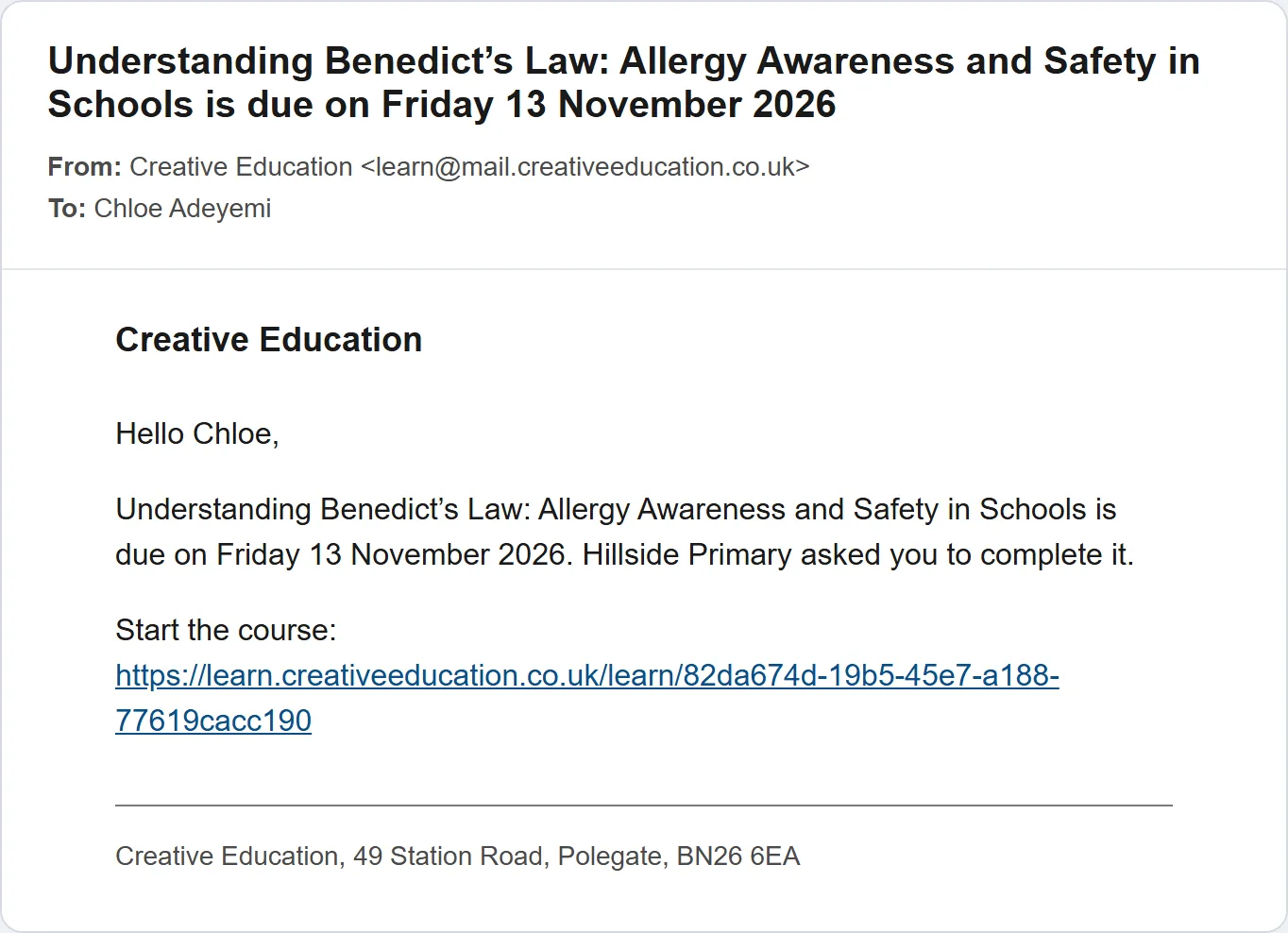 A reminder email to a member of staff saying their allergy awareness course is due on Friday 13 November, with a link to start it